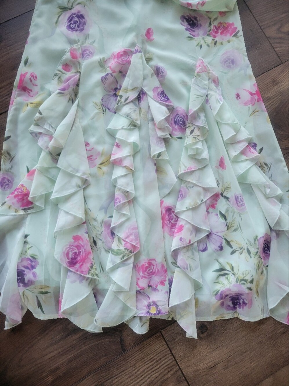 Mint Green Floral Ruffle Maxi Dress Strappy Back Romantic Garden Party Dress 8 - Picture 8 of 8